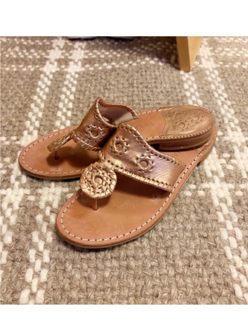 JACK ROGERS Original Jacks Leather Flat Sandal Metallic Rose Gold EUC Sz 7.5